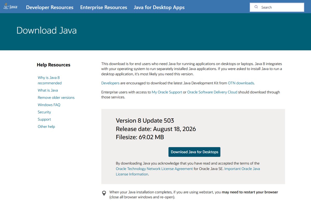 Java.com download page listing the current Java 8 version