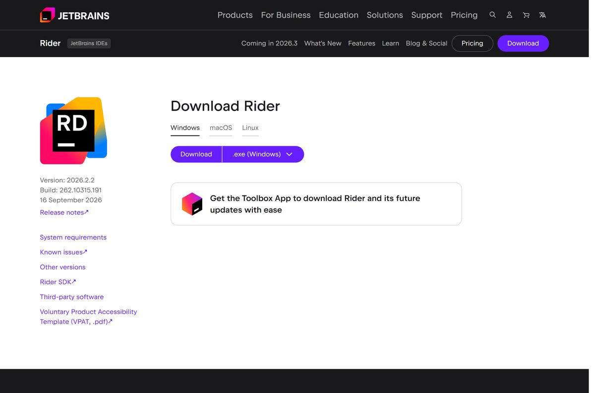 JetBrains download page with Windows, macOS and Linux tabs