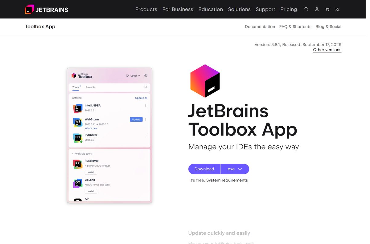 JetBrains Toolbox App page with its download button