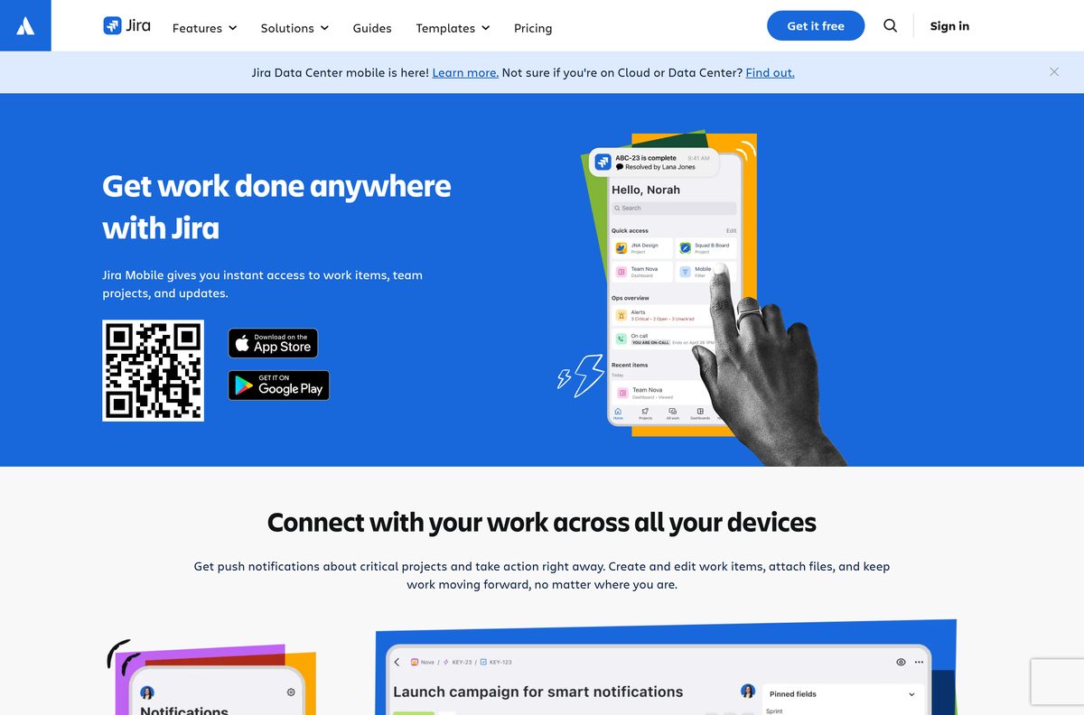 Atlassian page with App Store and Google Play buttons for the mobile app