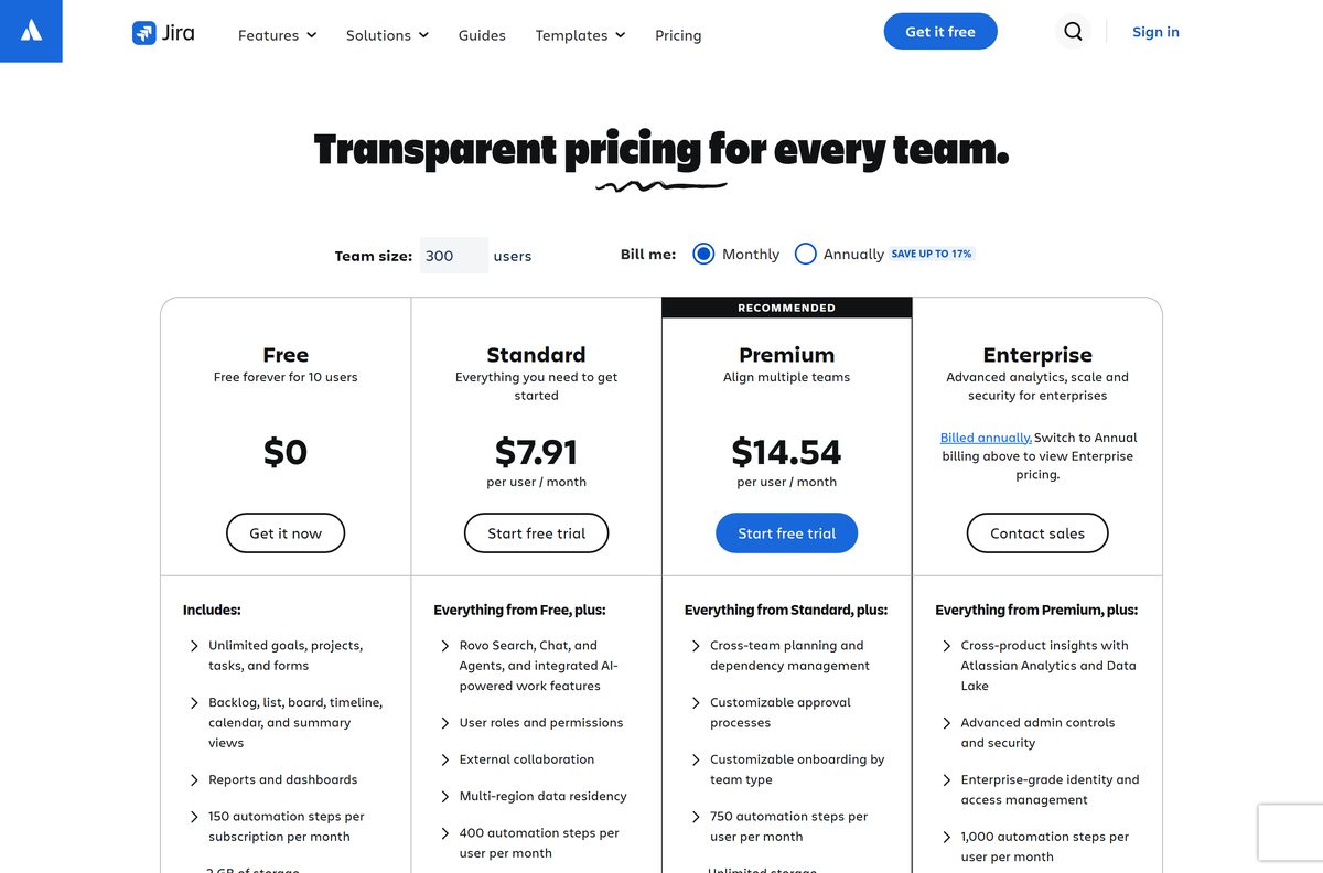 Atlassian pricing page showing Free, Standard, Premium and Enterprise plans