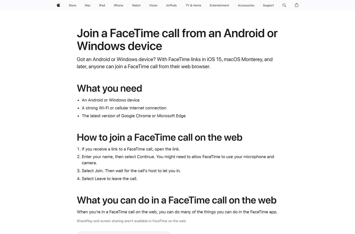 Apple support article on joining FaceTime calls from Windows or Android
