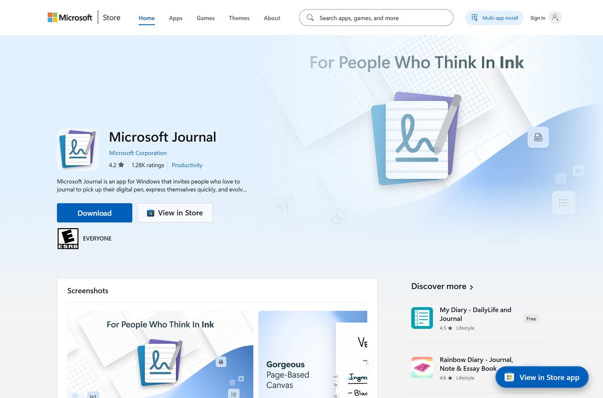 Microsoft Store listing for Journal with its free price and rating