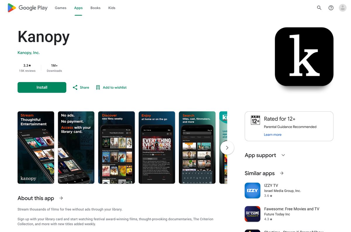 Google Play listing for Kanopy with its install button