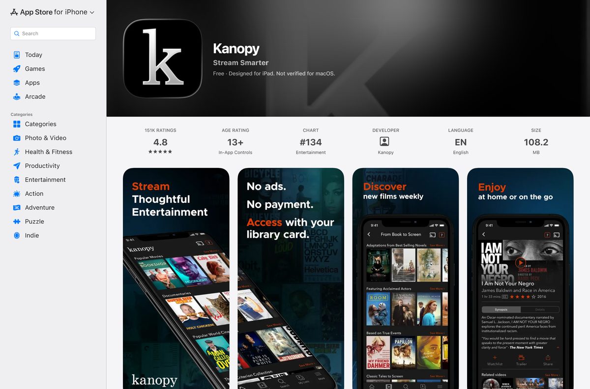 App Store page for Kanopy with ratings and size
