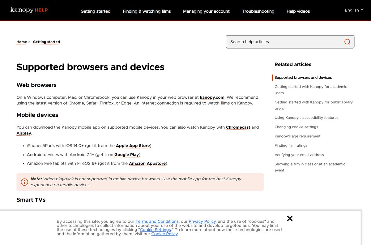 Kanopy help article listing supported browsers and devices