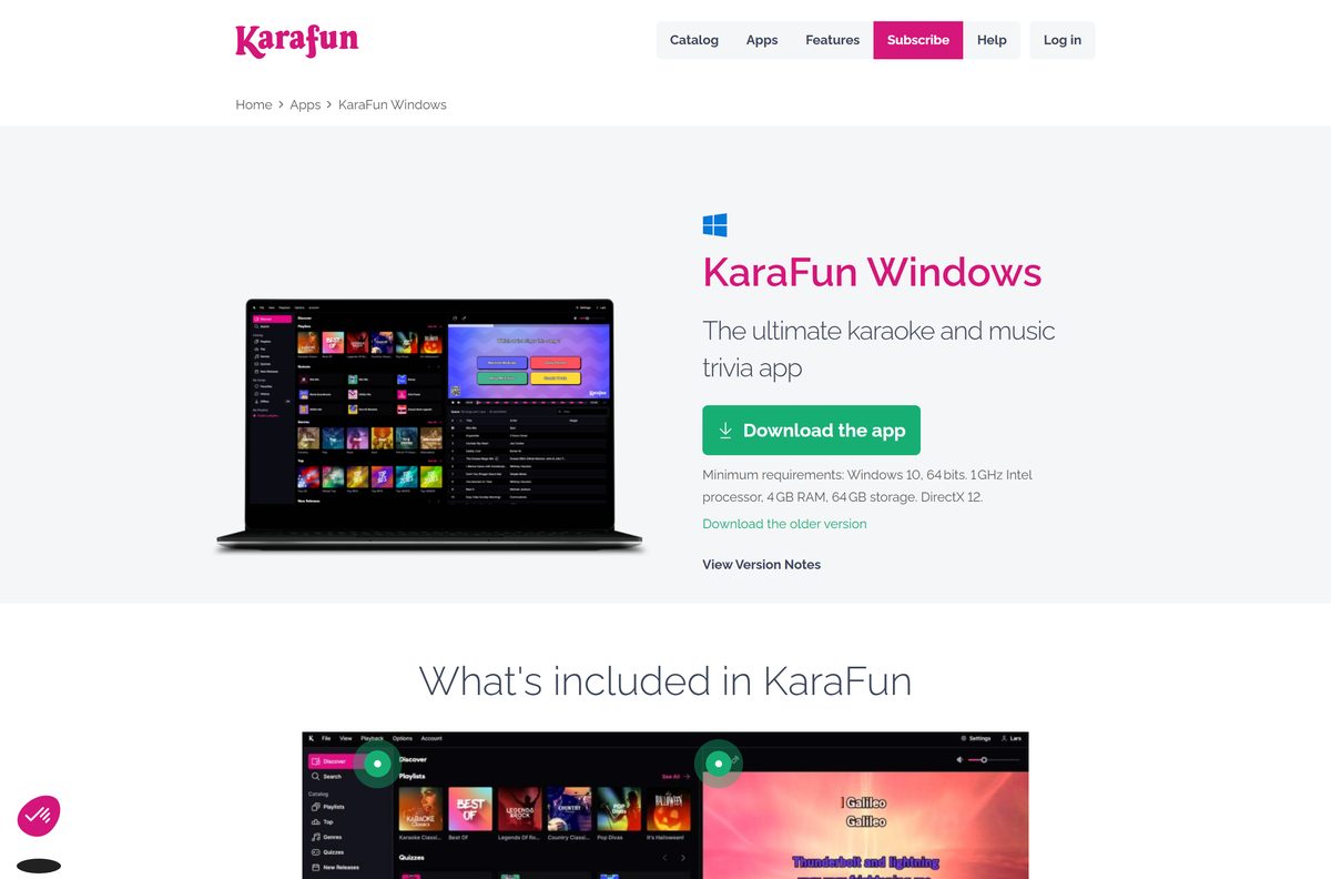 KaraFun Windows page with download button and minimum requirements