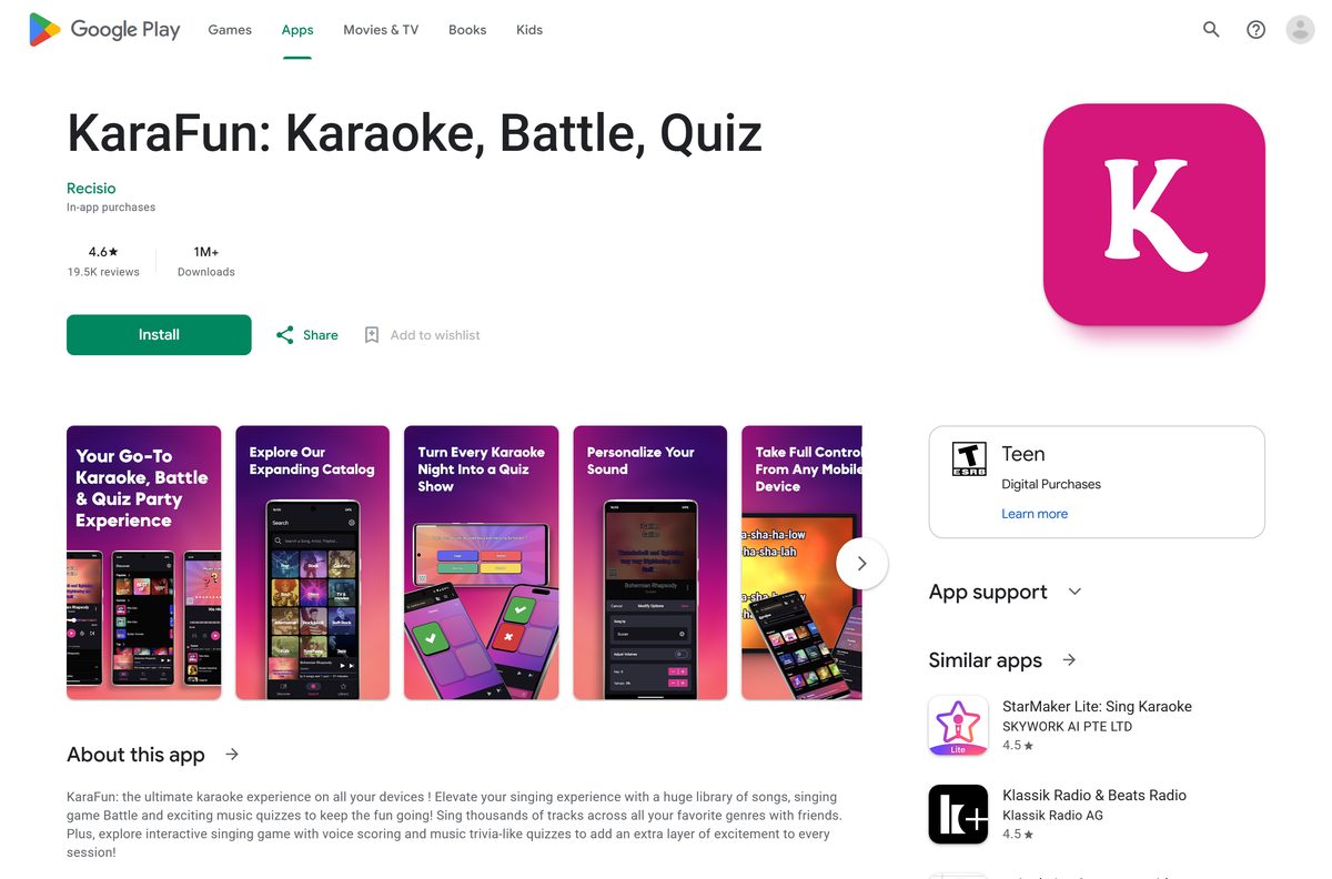 Google Play listing for KaraFun with rating and download count