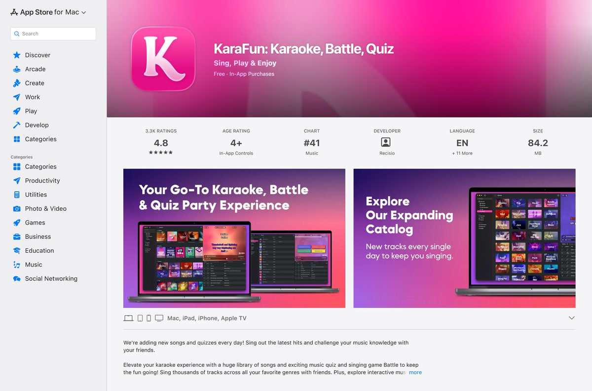Mac App Store listing for KaraFun with price and ratings