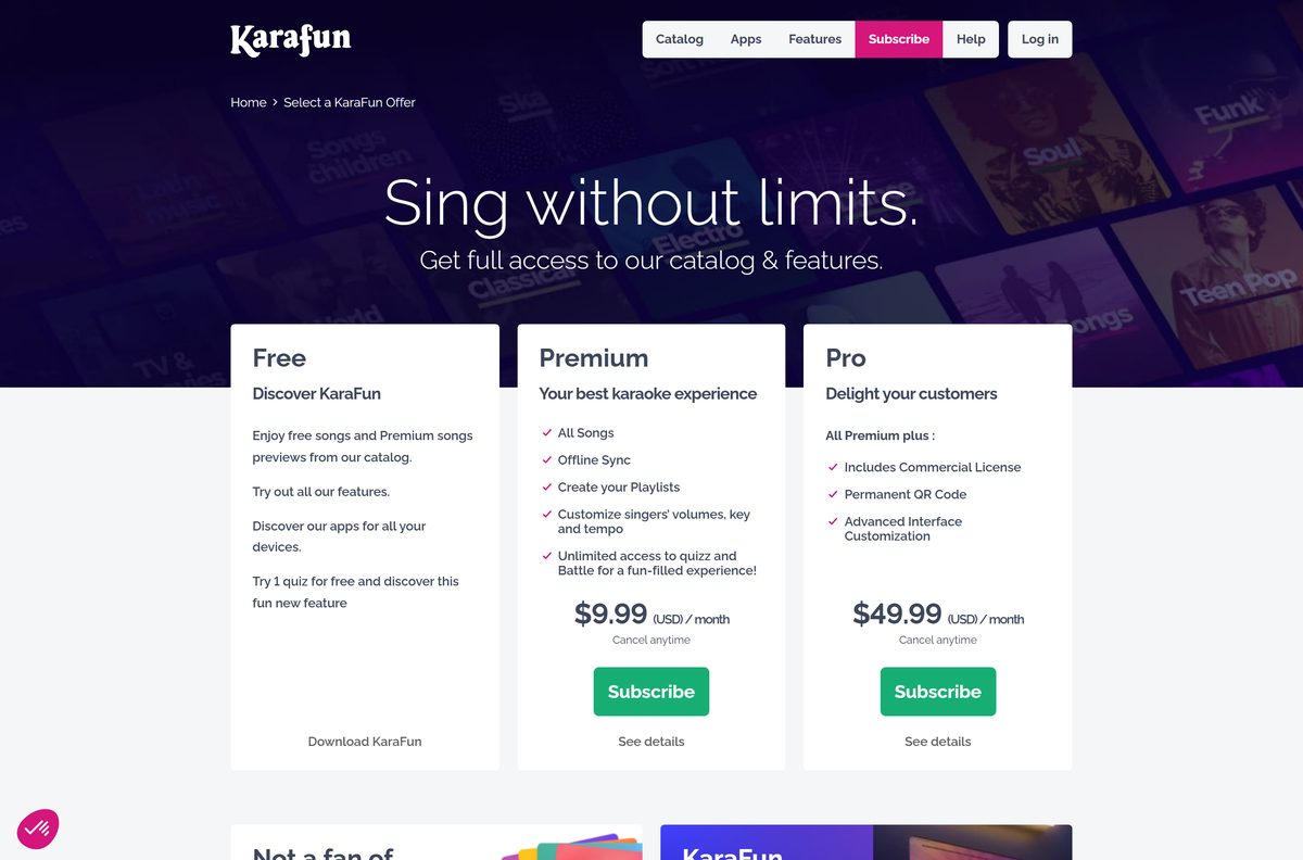KaraFun plans page comparing Free, Premium and Pro