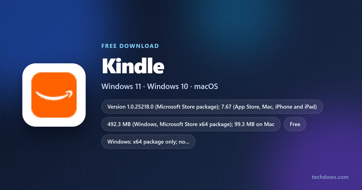 Kindle app logo with version, size and supported systems