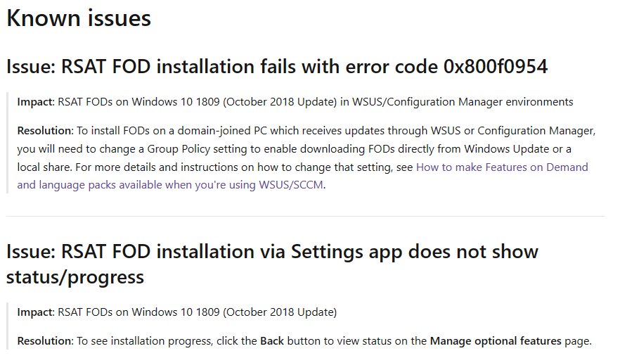 Known issues text listing RSAT error code 0x800f0954 on WSUS