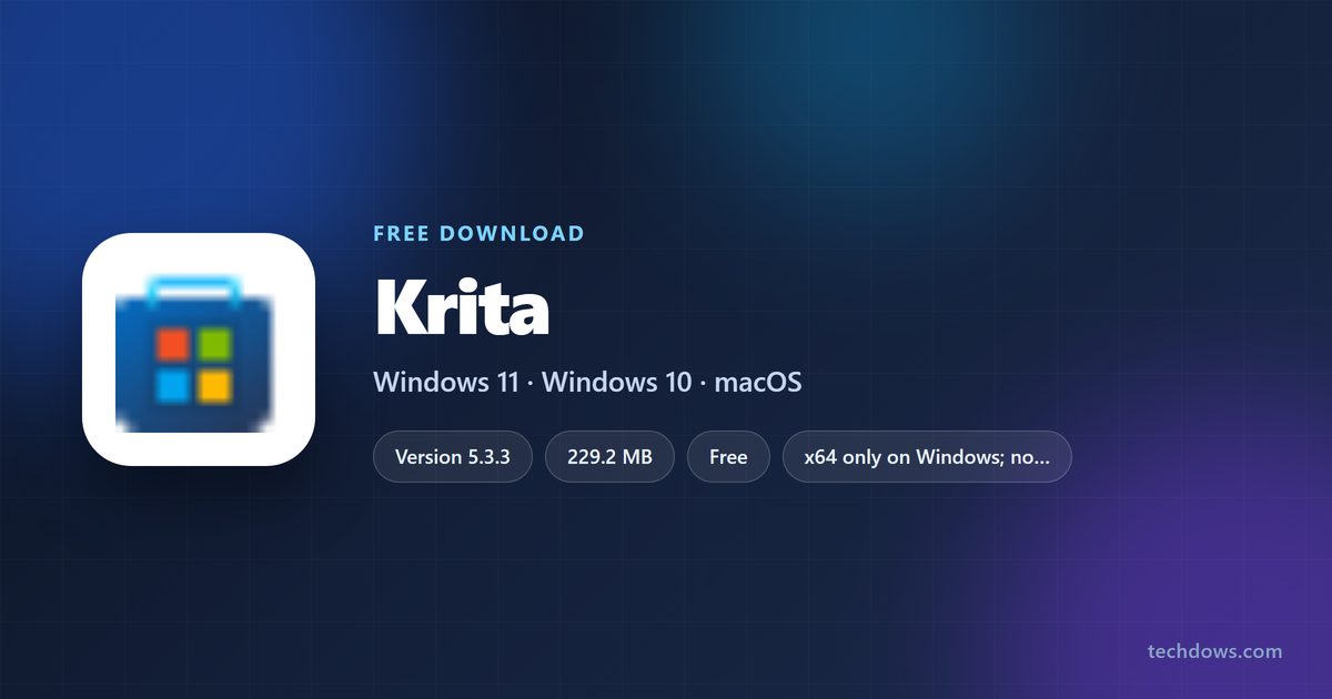 Krita logo with version, price and supported systems