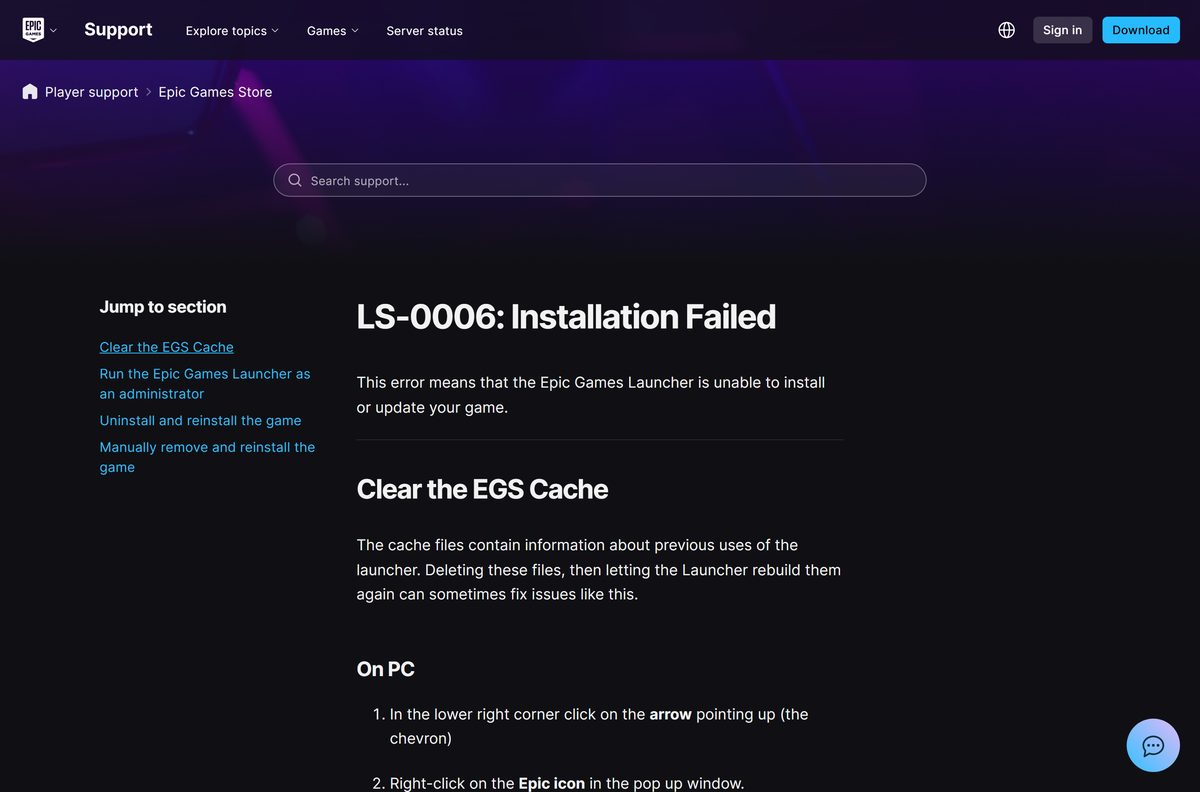 Epic Games Store support article for error LS-0006 Installation Failed