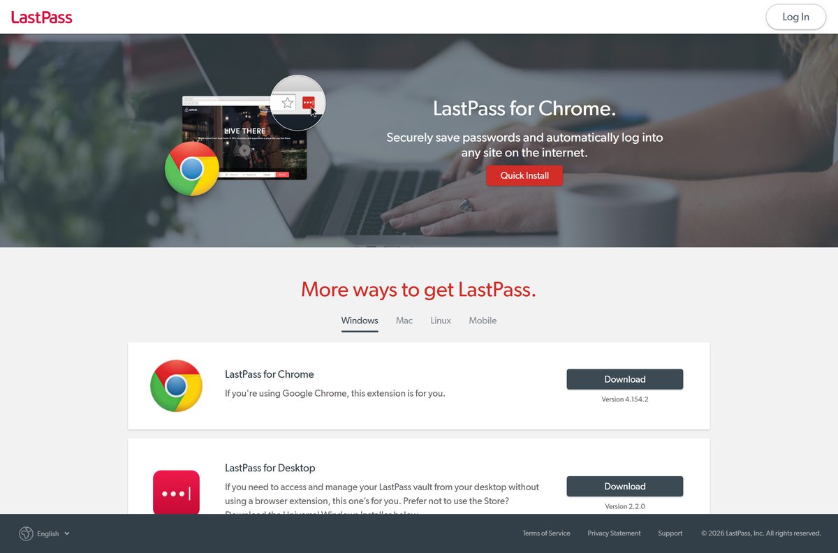 Official LastPass download page listing installers and browser extensions