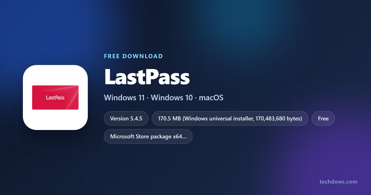 LastPass spec card with versions, sizes and supported systems