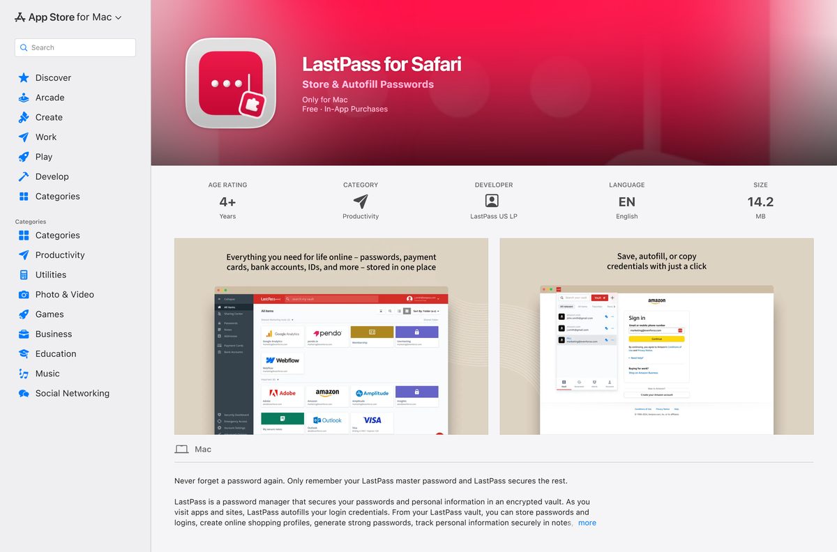 Mac App Store page for LastPass for Safari with its compatibility