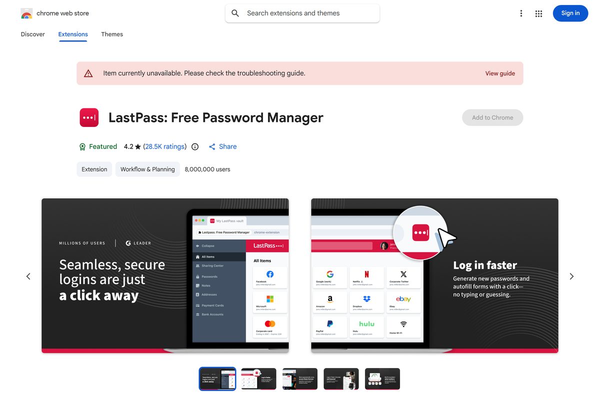 Chrome Web Store listing for the LastPass password manager extension