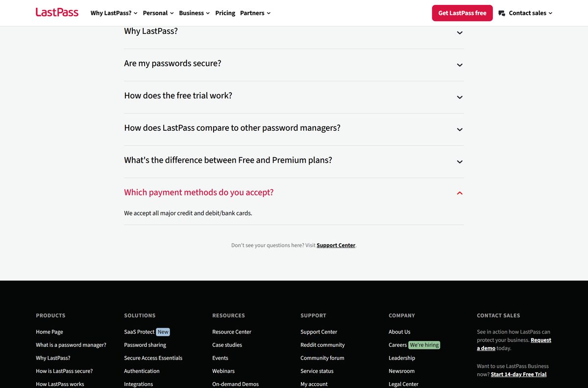 LastPass pricing page comparing Free, Premium and Families plans
