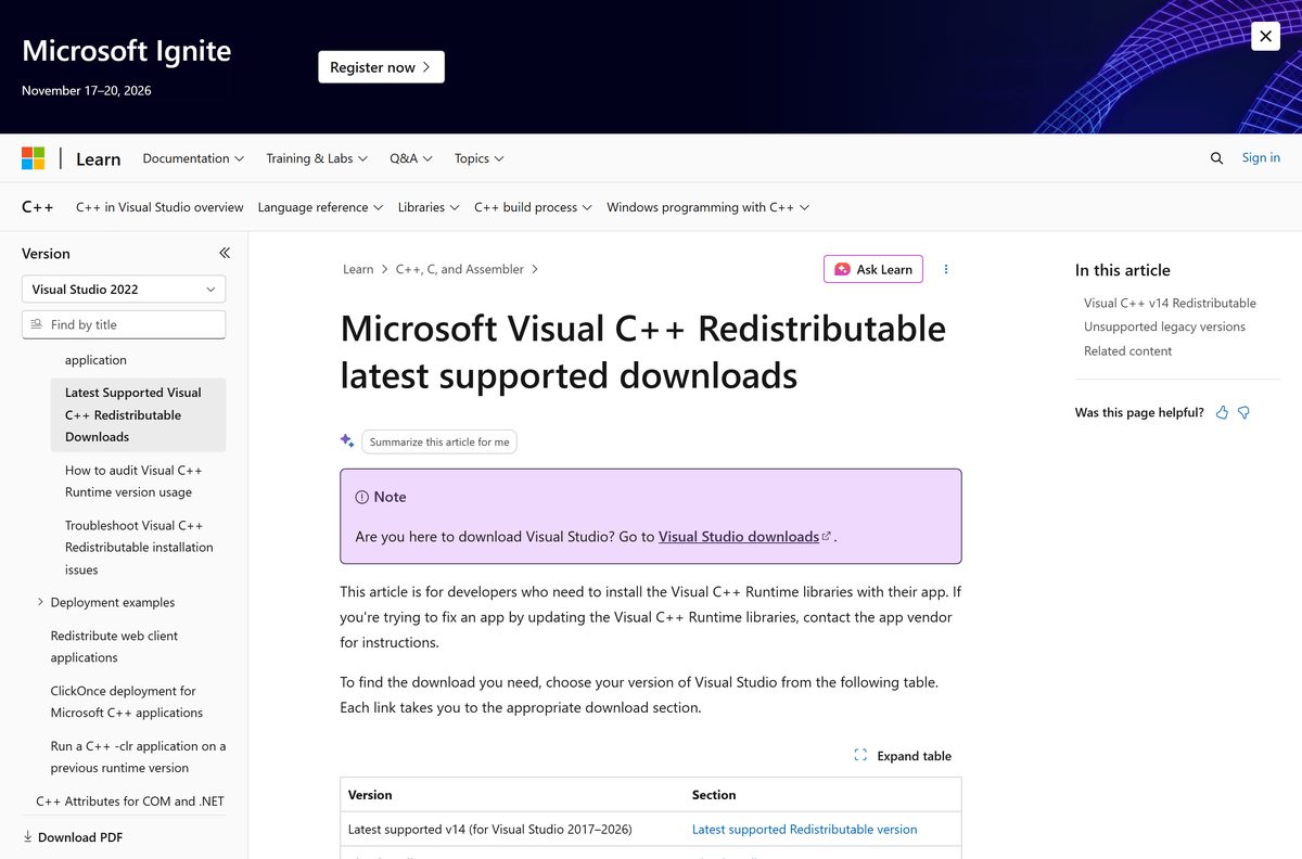 Microsoft Learn page listing the ARM64, x86 and x64 permalinks