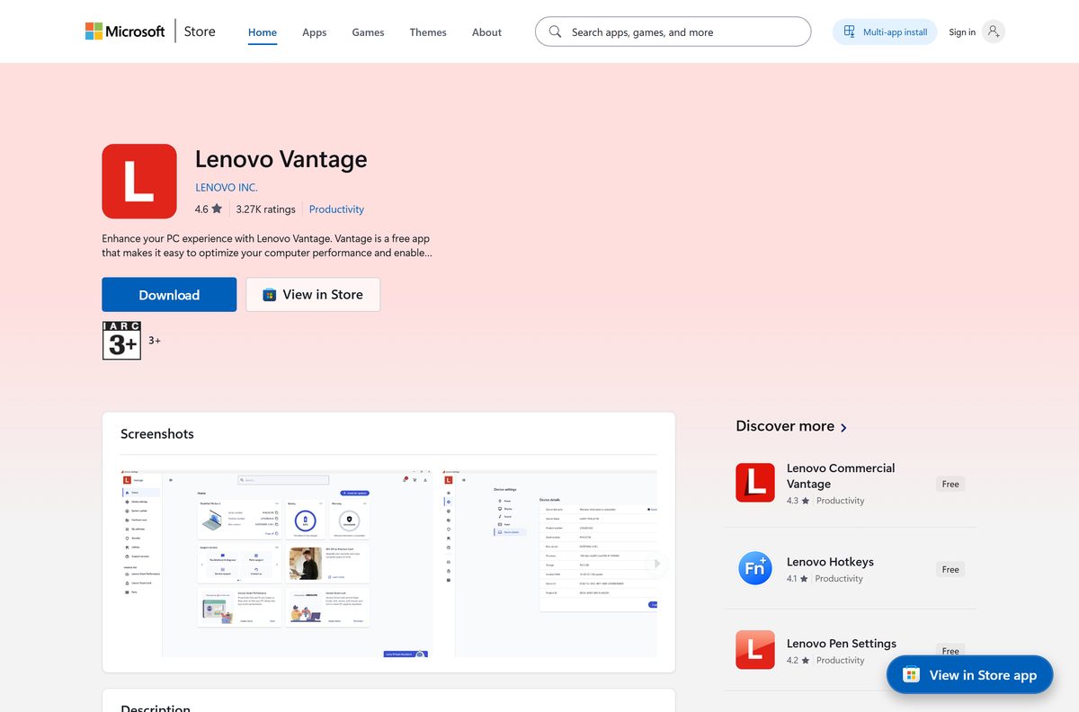 Microsoft Store listing for Lenovo Vantage with its Install button