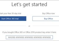 Let's get started screen offering an Office trial or product key entry