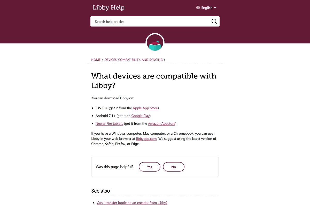Libby help page listing compatible phones, tablets and computers