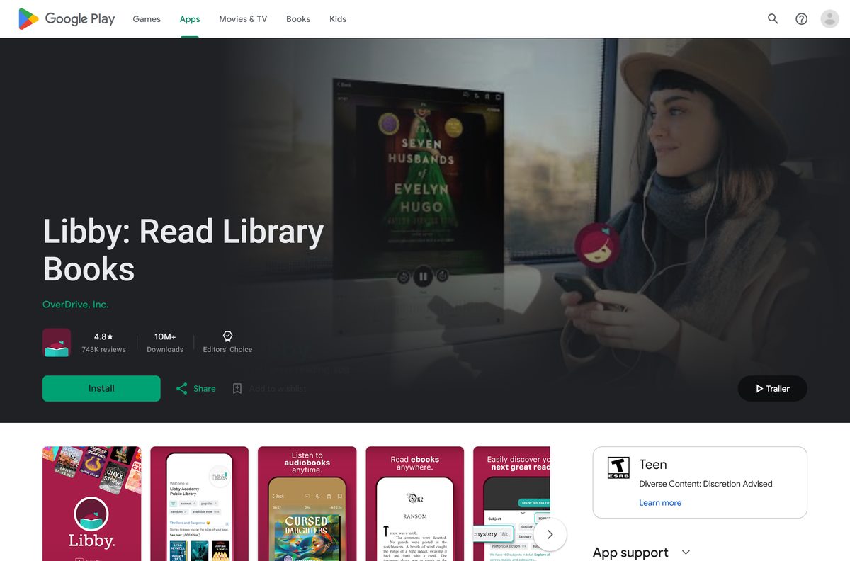 Google Play listing for Libby showing downloads and Editors' Choice