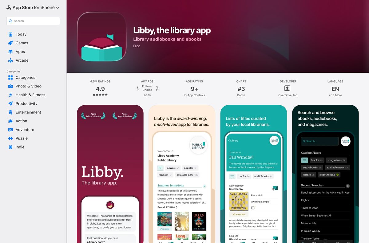 App Store page for Libby with its size and rating