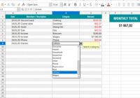 LibreOffice Calc spreadsheet with a monthly budget and category dropdown