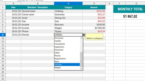 LibreOffice Calc spreadsheet with a monthly budget and category dropdown