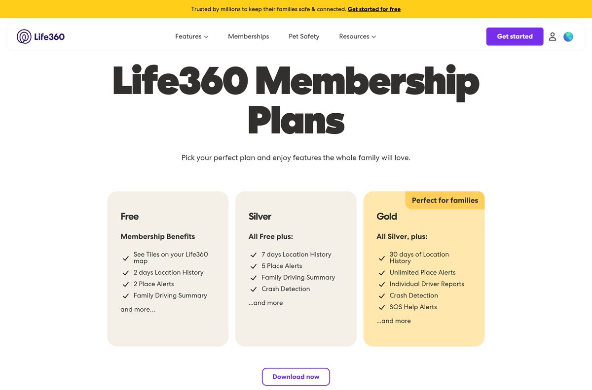 Membership plans page comparing Life360 tiers and features