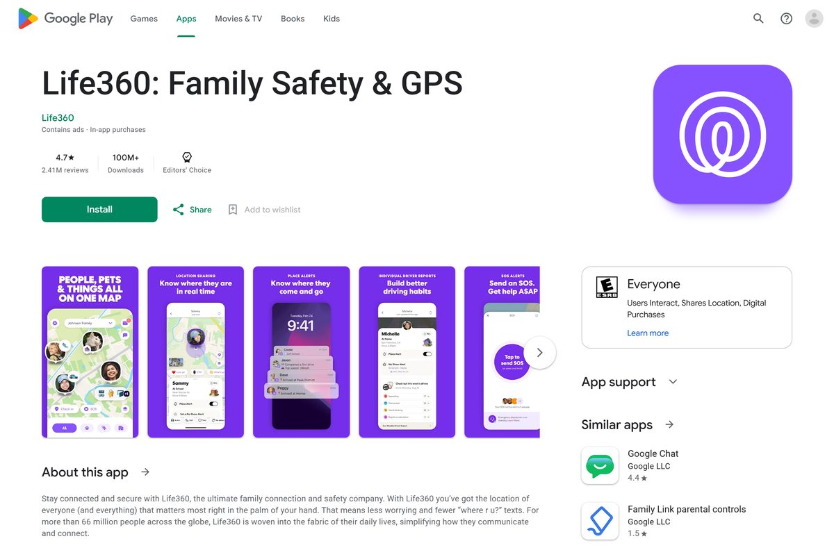 Google Play listing for Life360 with its rating and install button