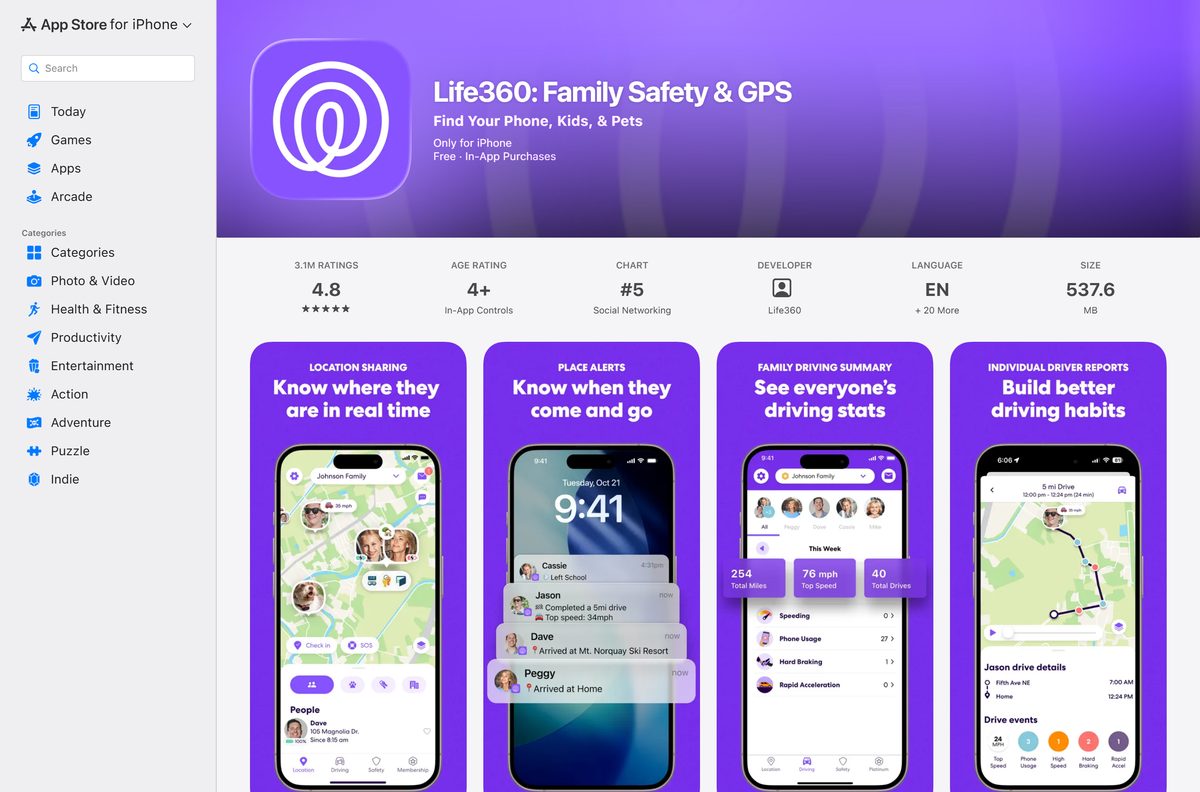 App Store listing for Life360 showing the seller and price