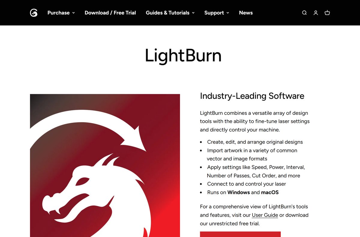 LightBurn shop listing Core and Pro licenses with prices