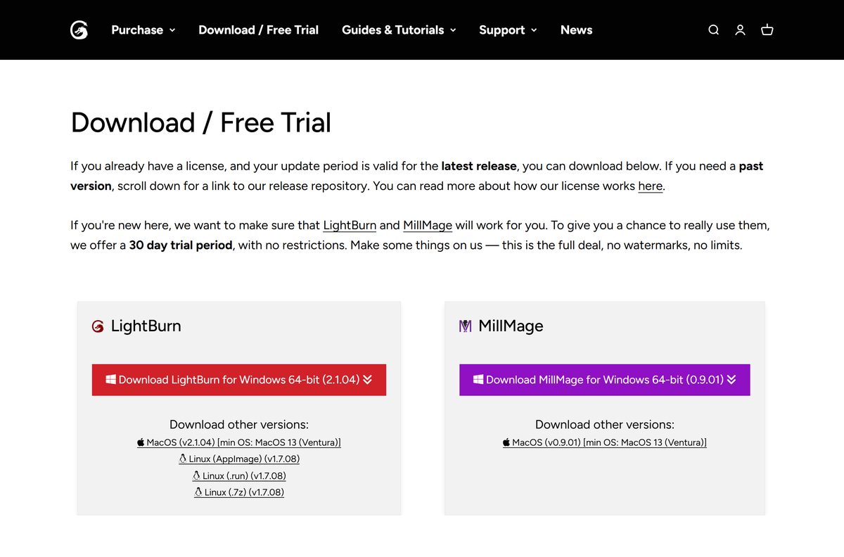 LightBurn download page with Windows, macOS and Linux links