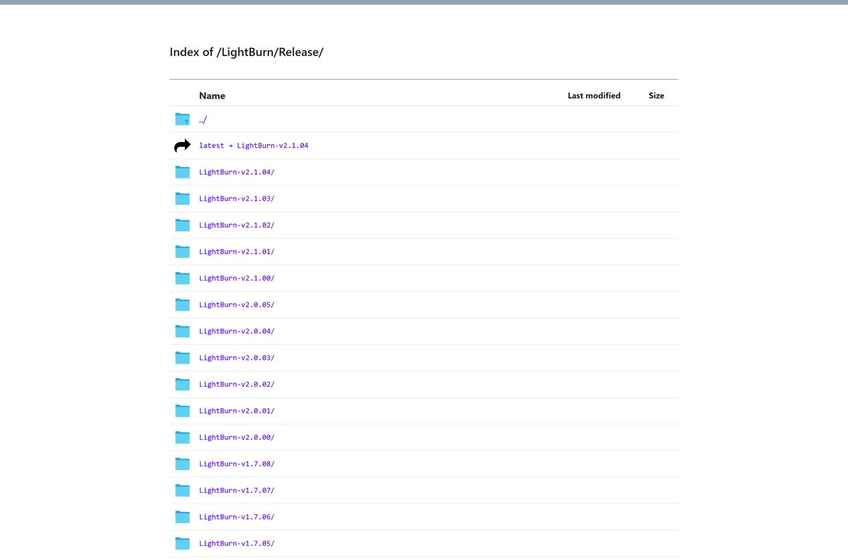 LightBurn release archive listing every past version folder