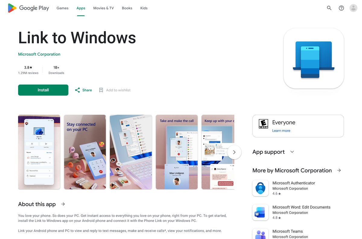Google Play page for Link to Windows with its rating and install count