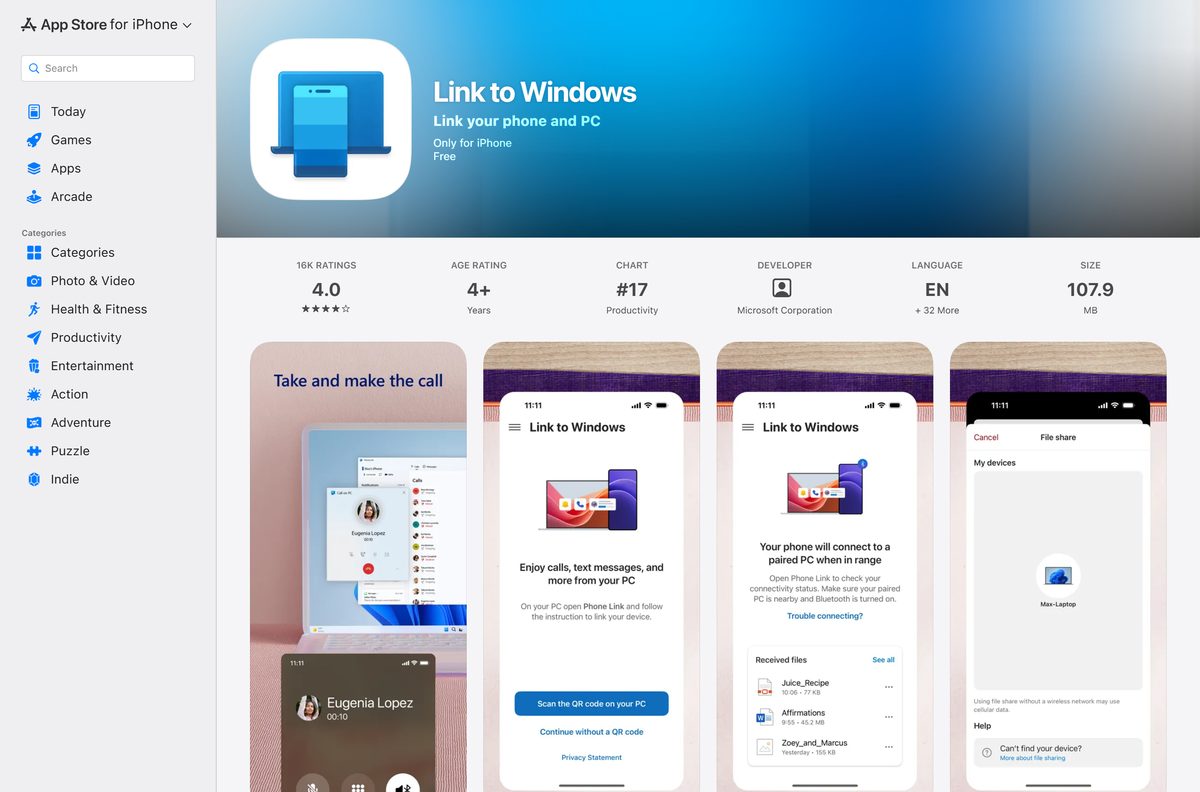 App Store page for Link to Windows showing iPhone compatibility
