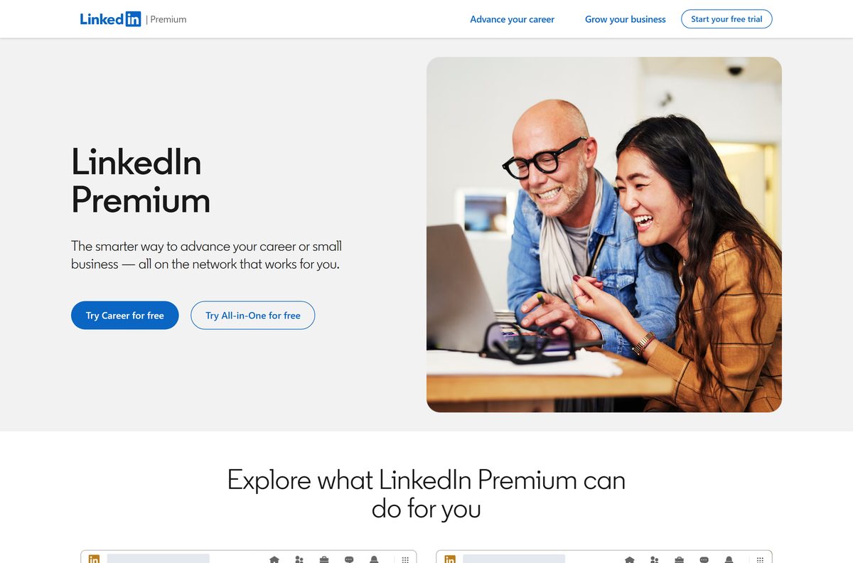 LinkedIn Premium page listing the Career and Business plans