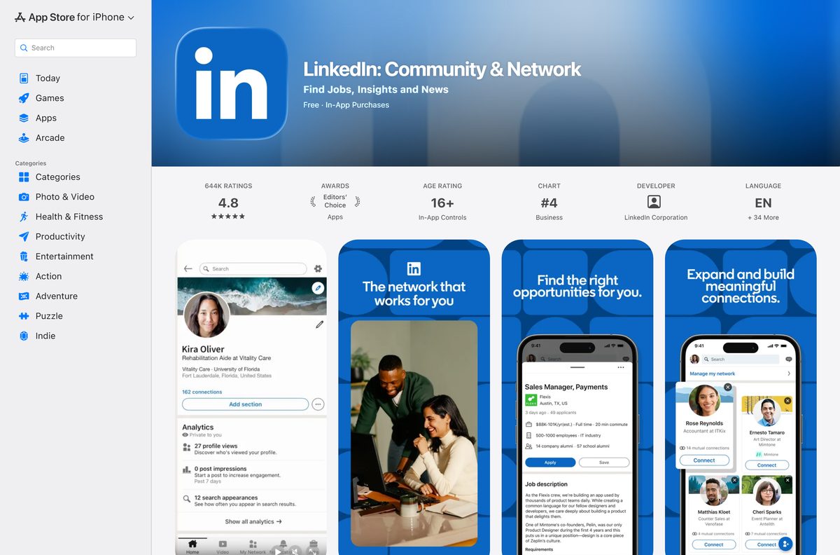 App Store listing for LinkedIn with its rating and seller