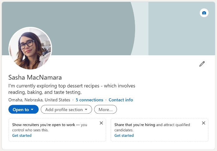 LinkedIn profile card with an Open to dropdown and Add profile section button
