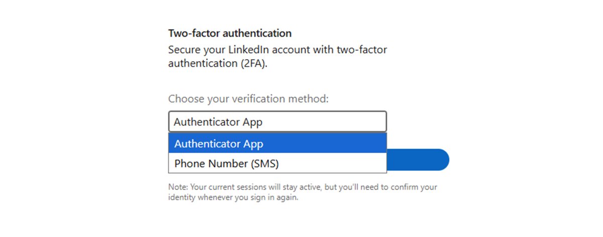 LinkedIn two-factor authentication dropdown with Authenticator App and Phone Number