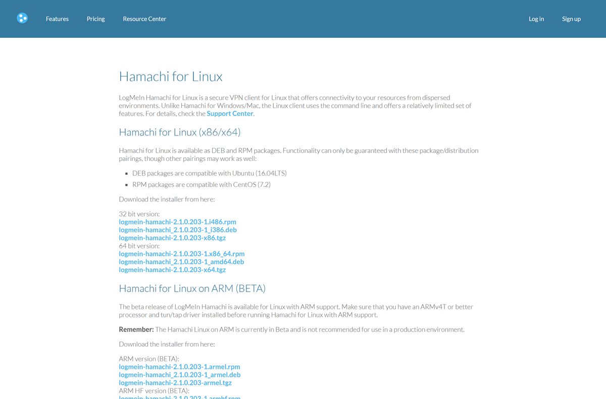 Linux download page with DEB, RPM and tarball packages for Hamachi