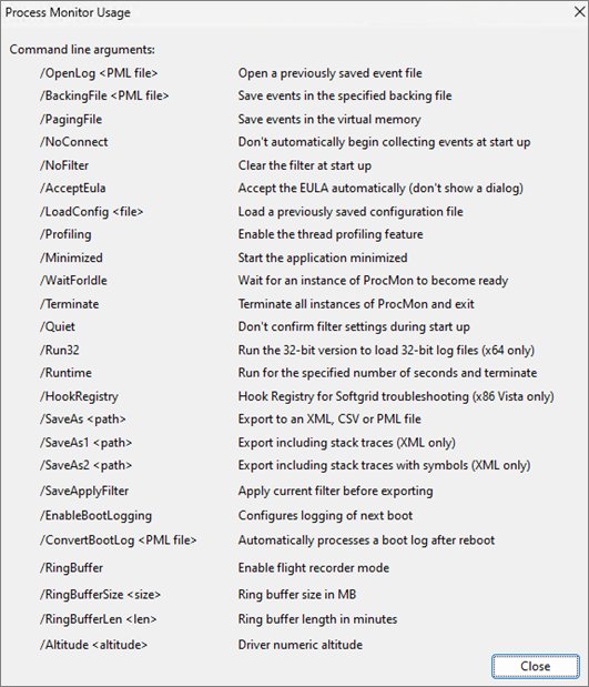 List of Process Monitor command line switches including AcceptEula and Quiet