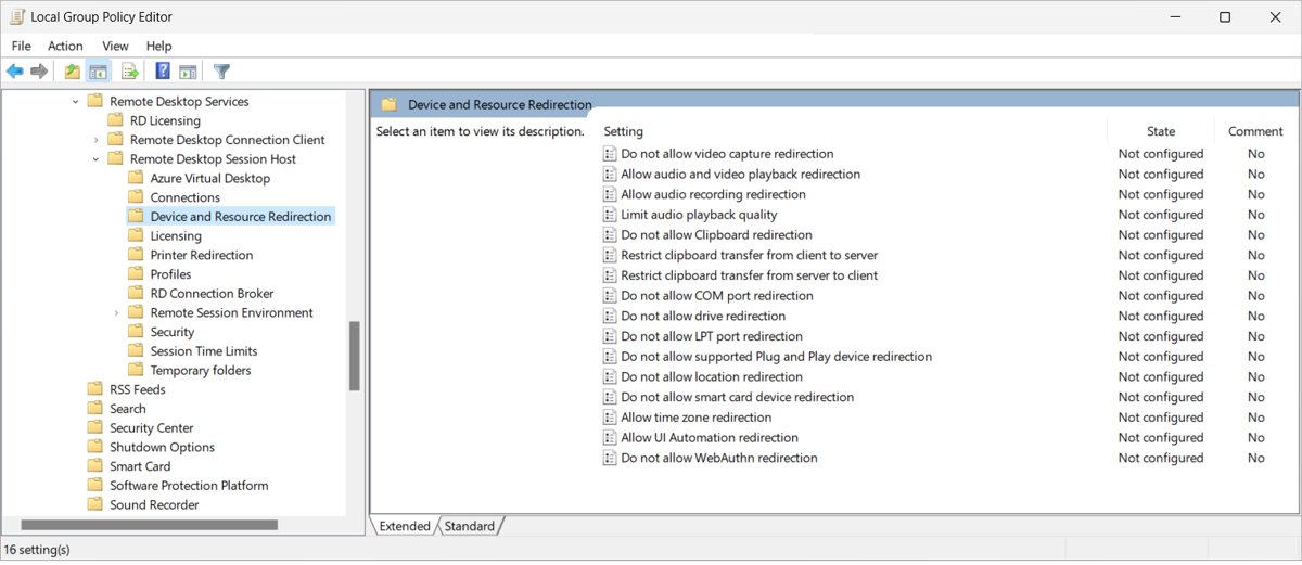 Local Group Policy Editor Device and Resource Redirection settings for Remote Desktop Session Host