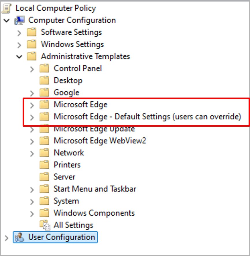 Local Group Policy Editor with Microsoft Edge folder highlighted