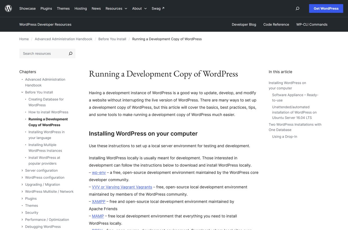 WordPress handbook page listing local server tools