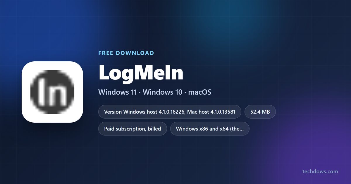 LogMeIn spec card listing version, license, download sizes and supported systems