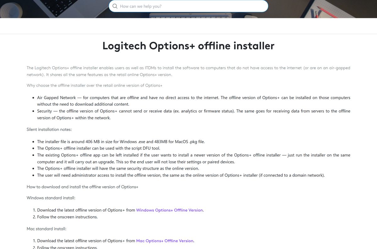 Logitech support article describing the offline installer for air-gapped computers